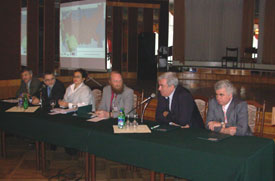 (from right to left) Mr. Alecu Renita (Ecological Movement of Moldova), Alexei Andreev (BIOTICA ES), Ivonne Higuero (UNEP/RoE), Oleg Tsaruk (ECO-Forum), Gheorghe Duca (President of Academy of Science of Moldova), Ion Toderas (Academy of Science of Moldova) 